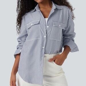 Halara Long Sleeve Stripe Curved Hem Casual Shirt